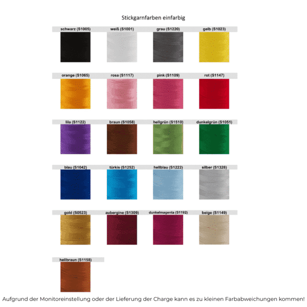 Eine Auswahl an einfarbigen Stickgarnfarben in einem Raster. Farben umfassen Schwarz, Weiß, Grau, Gelb, Orange, Rosa, Pink, Rot, Lila, Braun, Hellgrün, Dunkelgrün, Blau, Türkis, Hellblau, Silber, Gold, Aubergine, Dunkelmagenta, Beige und Hellbraun. Jede Farbe ist mit einer Produktnummer versehen.