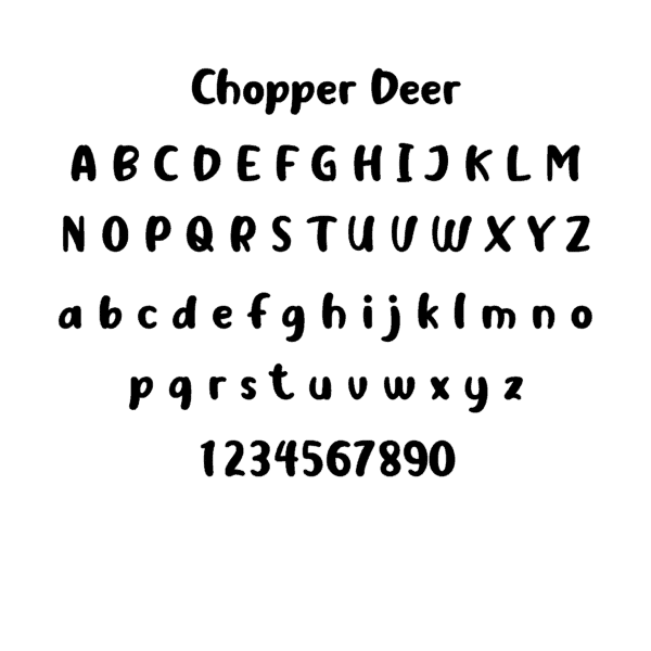 Handgezeichnete Schriftart "Chopper Deer" mit kompletten Alphabeten in Groß- und Kleinbuchstaben sowie Zahlen von 0 bis 9.