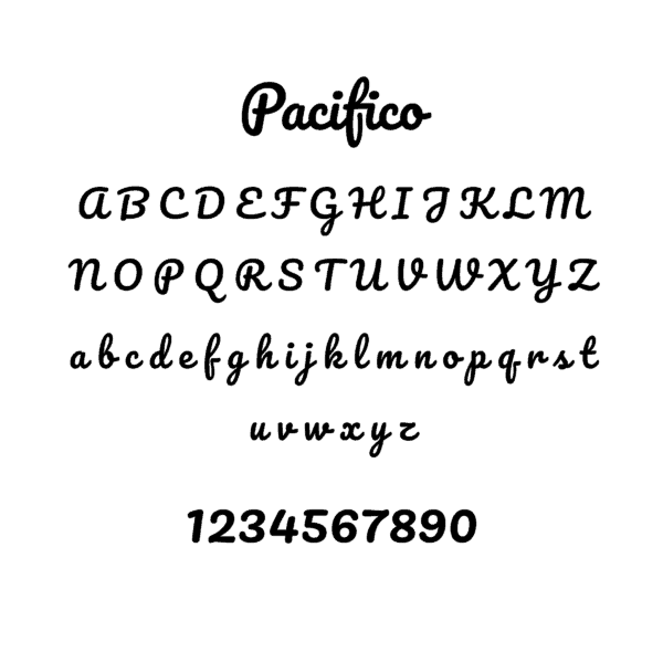 Beispiel des Pacifico-Schriftartensatzes mit Großbuchstaben, Kleinbuchstaben und Ziffern.