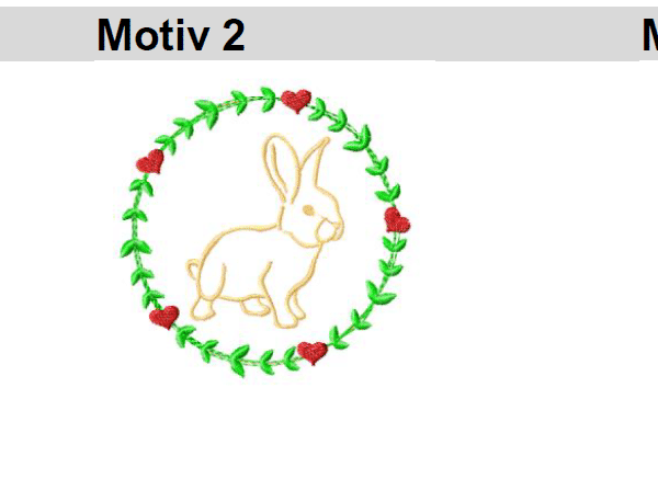 Drei verschiedene Stickmotive: Motiv 1 zeigt den Text "Hallo Frühling" in rosa, umrahmt von gelben Blüten und grünen Blättern; Motiv 2 zeigt einen einfachen, stilisierten Hasen in einem Rahmen aus grünen Blättern und roten Herzen; Motiv 3 zeigt einen schwarzen Schmetterling umrahmt von rosa Blüten und grünen Blättern.