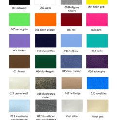 Farbmuster für Filz, Kunstleder, Vinyl und Stoff mit verschiedenen Farbbezeichnungen wie Schwarz, Weiß, Hellgrau, Neon Grün, Rot, Pink, Blau, und Regenbogenstoff.