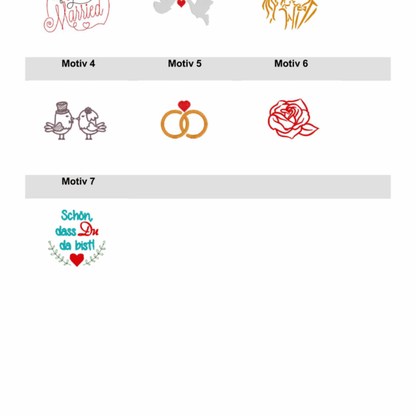 Eine Sammlung von sieben Hochzeitssymbolen: Motiv 1 zeigt den Schriftzug "Just Married", Motiv 2 zwei Tauben mit Herz, Motiv 3 ein Brautpaar, Motiv 4 zwei Vögel mit Zylinder und Schleife, Motiv 5 zwei verbundene Ringe mit Herz, Motiv 6 eine einzelne Rose und Motiv 7 den Schriftzug "Schön dass Du da bist!" mit einem Herz.