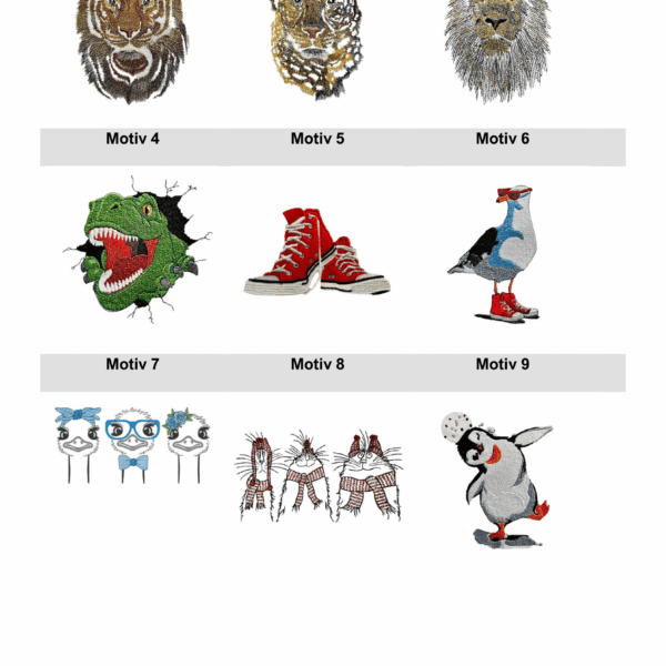 Eine Sammlung von neun unterschiedlichen Motiven, darunter Tierdarstellungen, rote Turnschuhe und ein lustiger Pinguin. Die Motive umfassen einen Tiger, Leoparden, Löwen, Dinosaurier, Möwe, Strauße, Katzen und einen Pinguin mit Ball.