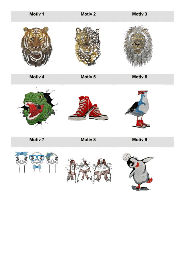 Eine Sammlung von neun unterschiedlichen Motiven, darunter Tierdarstellungen, rote Turnschuhe und ein lustiger Pinguin. Die Motive umfassen einen Tiger, Leoparden, Löwen, Dinosaurier, Möwe, Strauße, Katzen und einen Pinguin mit Ball.