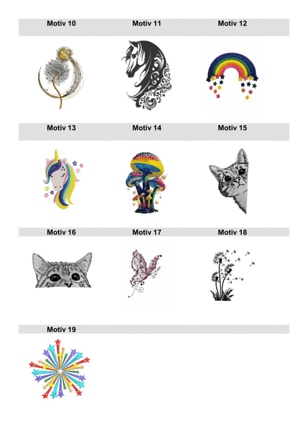 Eine Collage von neun verschiedenen Motiven, darunter Pusteblumen, ein stilisiertes Pferd, ein Regenbogen mit Sternen, ein Einhornkopf, bunte Pilze, eine neugierige Katze, ein Schmetterling, eine Katze, fliegende Pusteblumensamen und ein buntes Sternenfeuerwerk.