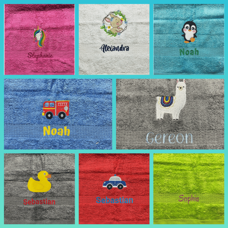 Eine Collage von verschiedenen Personalisiertes Kinderhandtuch mit Name mit aufgestickten Motiven und persönlichen Namen. Jedes Handtuch zeigt ein individuelles Design, darunter ein Einhorn, ein Hase, ein Pinguin, ein Feuerwehrauto, ein Lama, eine Ente und ein Auto. Auf den Handtüchern sind Namen wie Stephanie, Alexandra, Noah, Gereon, Sebastian und Sophie aufgestickt.