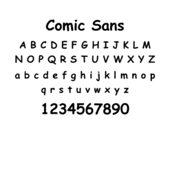 Comic Sans Schriftbeispiel mit Großbuchstaben, Kleinbuchstaben und Zahlen von 0 bis 9.