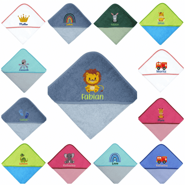 Verschiedene bunte personalisierte Kapuzenhandtücher für Babys mit individuell gestalteten Stickereien, darunter Tiere, Regenbogen und Fahrzeuge, sowie personalisierte Namen.