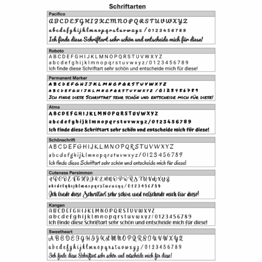 Übersicht verschiedener Schriftarten zur individuellen Gestaltung personalisierter Produkte
