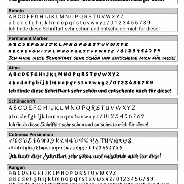Übersicht verschiedener Schriftarten zur individuellen Gestaltung personalisierter Produkte