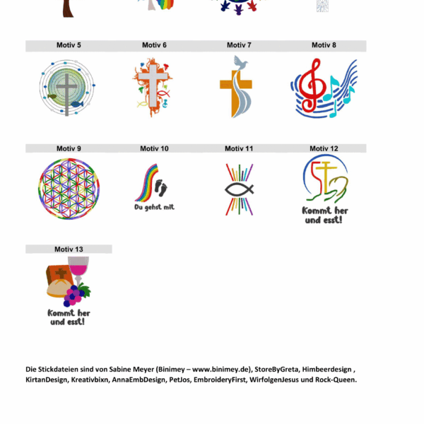 Eine Sammlung von 13 bunten, religiösen Motiven. Motive umfassen Elemente wie einen Baum, ein Kreuz mit Regenbogen, eine Globusdarstellung mit Menschen, und musikalische Noten. Einige Motive enthalten Texte wie 