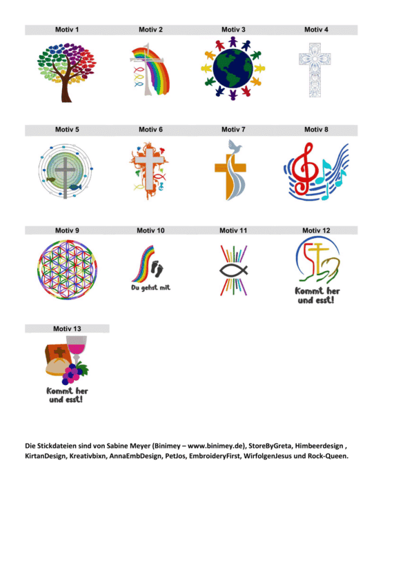 Eine Sammlung von 13 bunten, religiösen Motiven. Motive umfassen Elemente wie einen Baum, ein Kreuz mit Regenbogen, eine Globusdarstellung mit Menschen, und musikalische Noten. Einige Motive enthalten Texte wie "Du gehst mit" und "Kommt her und esst!".