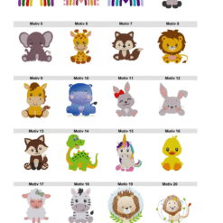 Eine Sammlung von zwanzig niedlichen, stilisierten Kinderdesigns, darunter Regenbögen, Tiere wie Esel, Elefant, Giraffe, Fuchs, Löwe, Pferd, Nilpferd, Kaninchen, Dinosaurier, Einhorn, Ente, Schaf, Zebra und Löwe mit Krone.