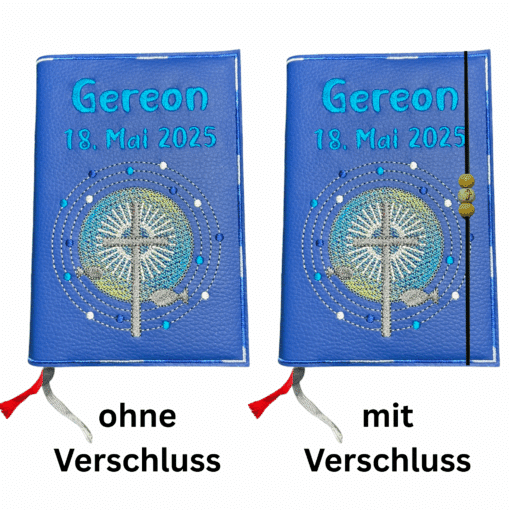 Zwei blaue Gotteslobhüllen aus Kunstleder für Gesangbücher mit gesticktem Kreuz und Datum "Gereon 18. Mai 2025". Links ohne, rechts mit Verschluss.