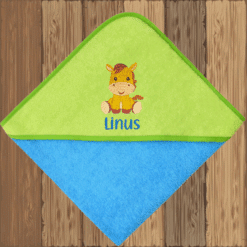 Kapuzenhandtuch mit Pferdemotiv und Name – grün-blau mit Stickerei „Linus“