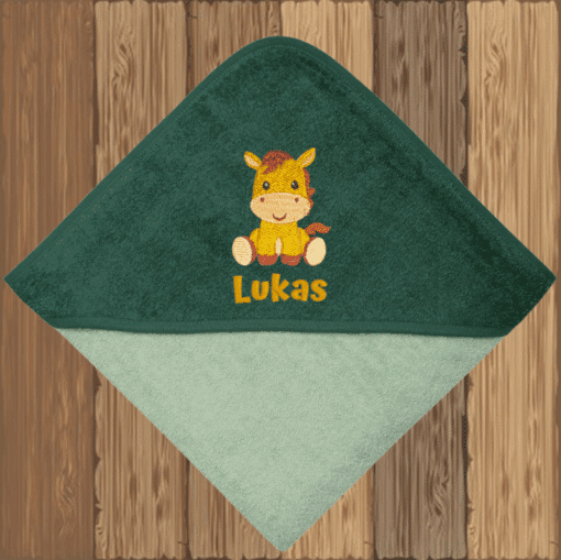 Kapuzenhandtuch mit Pferdemotiv und Name – dunkelgrün mit Stickerei „Lukas“