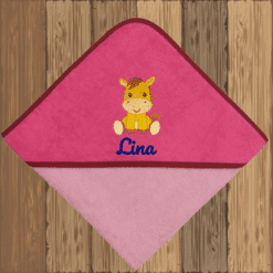 Kapuzenhandtuch mit Pferdemotiv und Name – pink-rosa, bestickt mit „Lina“
