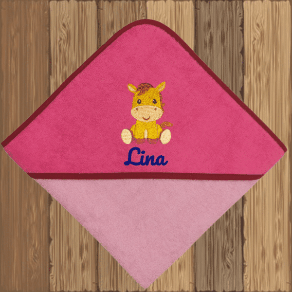 Personalisiertes Kapuzenhandtuch für Babys mit Pferdemotiv und Name – pink-rosa, bestickt mit „Lina“