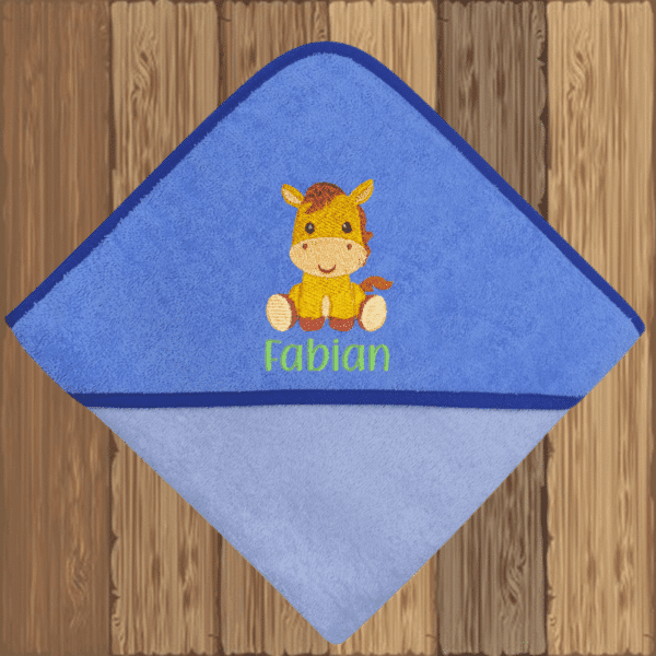 Personalisiertes Kapuzenhandtuch für Babys mit Pferdemotiv und Name – Blau-Hellblau, personalisiert für Fabian
