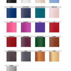 Farbpalette von Kunstlederproben in verschiedenen Farben: schwarz, weiß, beige, hellblau, blau, marineblau, aquamarin/türkis, babyrosa, pink, magenta, lila, rot, dunkelrot, aubergine, tannengrün, braun, schokobraun, grau, kupfer, gold und silber.
