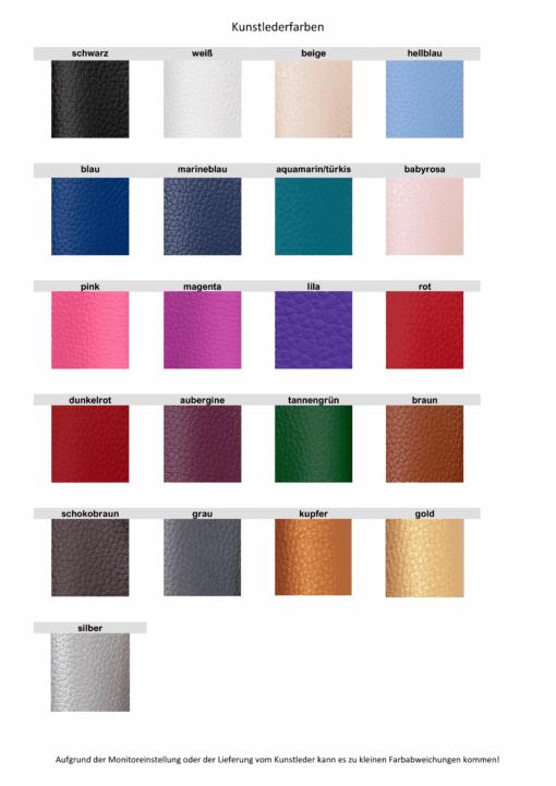 Farbpalette von Kunstlederproben in verschiedenen Farben: schwarz, weiß, beige, hellblau, blau, marineblau, aquamarin/türkis, babyrosa, pink, magenta, lila, rot, dunkelrot, aubergine, tannengrün, braun, schokobraun, grau, kupfer, gold und silber.
