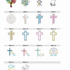 Eine Auswahl von religiösen Motiven, darunter ein Regenbogenbaum, Kreuze in verschiedenen Designs und Farben, betende Hände und christliche Symbole wie Fische und eine Taube.