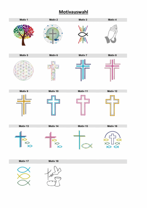 Eine Auswahl von religiösen Motiven, darunter ein Regenbogenbaum, Kreuze in verschiedenen Designs und Farben, betende Hände und christliche Symbole wie Fische und eine Taube.