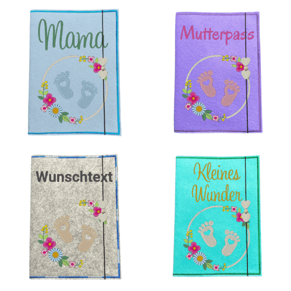 Vier Mutterpasshüllen mit Blumenkranz, Babyfüßen und Schriftzug – bestickt und personalisierbar