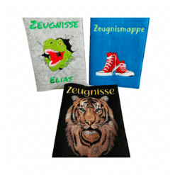 Drei personalisierte Zeugnismappen aus Filz mit tierischen und sportlichen Designs