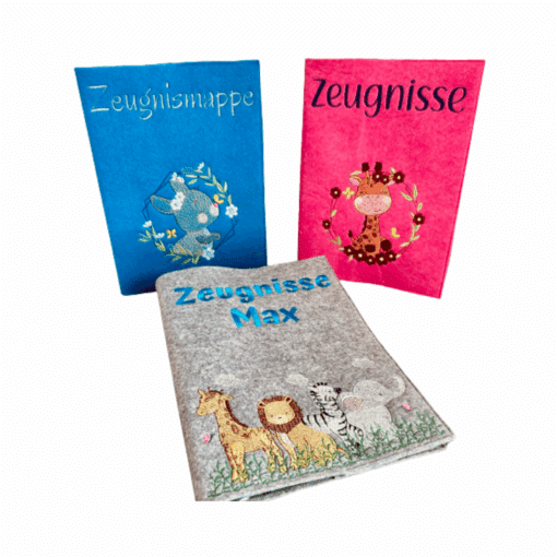 Drei bunte Zeugnismappen mit Tiermotiven
