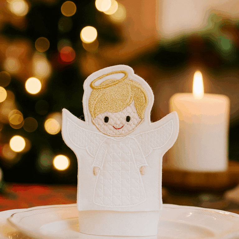 Teelichtcover aus Filz in Form eines Engels mit Kerzenschein im Hintergrund, weihnachtlich dekorierte Szene mit Lichterbaum.