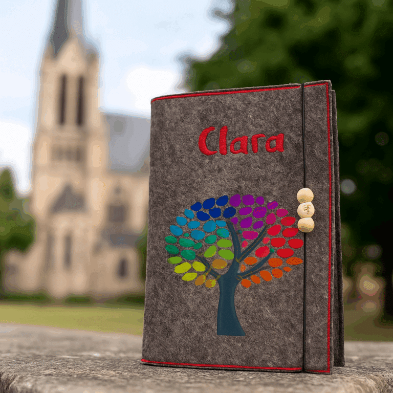 Gotteslob-Hülle aus grauem Filz mit buntem Baum des Lebens Motiv, fotografiert vor einer Kirche.