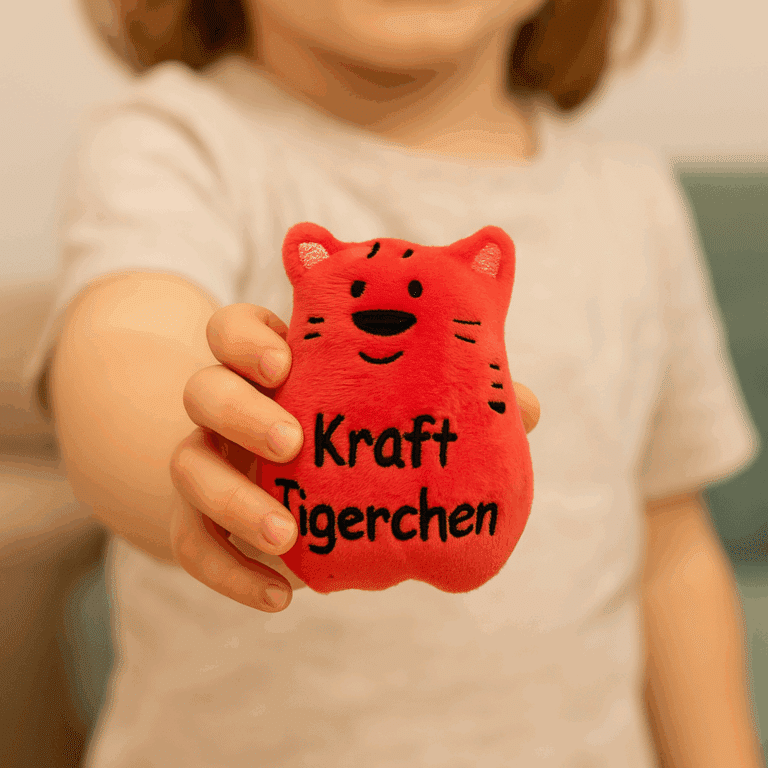 Kleiner Kuscheltiger aus rotem Plüsch mit Aufschrift „Kraft Tigerchen“, gehalten in der Hand eines Kindes, vor neutralem Hintergrund.