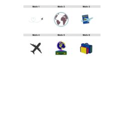 Übersicht der sechs Stickdateien für die personalisierte Reisepasshülle aus Filz oder Kunstleder, darunter ein Flugzeug mit Herzspur, eine Weltkugel, ein Reisepass, ein Flugzeugsymbol, ein Globus mit Koffer und bunte Koffer.