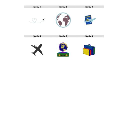 Übersicht der sechs Stickdateien für die personalisierte Reisepasshülle aus Filz oder Kunstleder, darunter ein Flugzeug mit Herzspur, eine Weltkugel, ein Reisepass, ein Flugzeugsymbol, ein Globus mit Koffer und bunte Koffer.