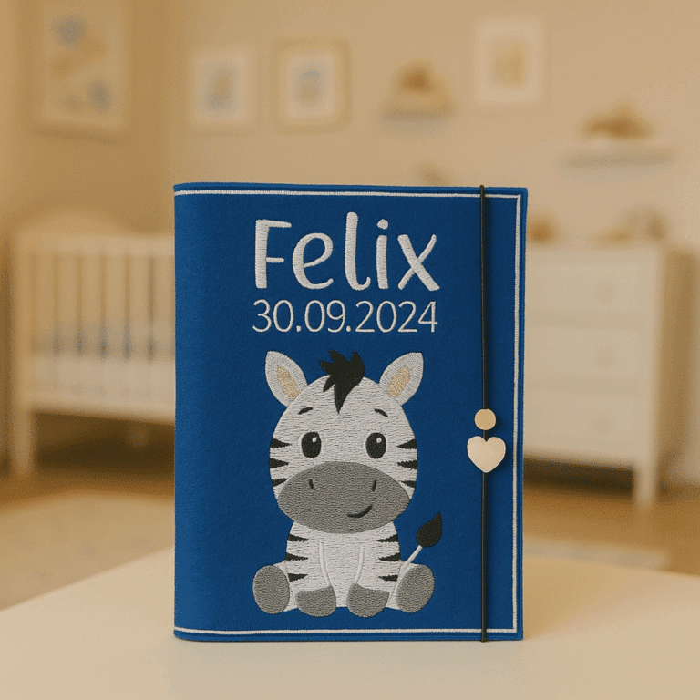 Personalisierte U-Heft-Hülle aus blauem Filz mit Zebra-Stickerei, stehend im Kinderzimmer auf einem Tisch.