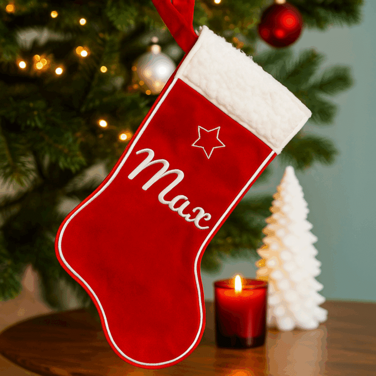 Personalisierter roter Weihnachtsstrumpf mit weißem Kunstfellbesatz und gesticktem Namen Max, hängend am Weihnachtsbaum mit Kerze und Deko im Hintergrund.