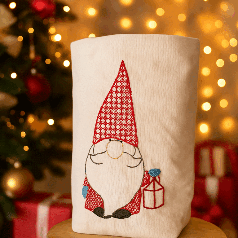 Bestickter Lichtbeutel mit Weihnachtswichtel vor einem beleuchteten Weihnachtsbaum mit Geschenken.