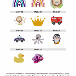 Weitere Stickmotive für Baby-Lätzchen – Regenbögen, Fahrzeuge, Tiere