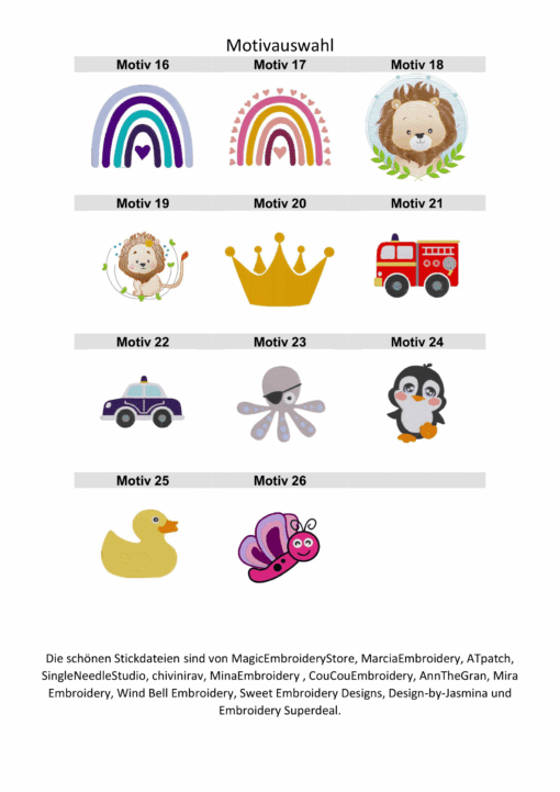Weitere Stickmotive für Baby-Lätzchen – Regenbögen, Fahrzeuge, Tiere