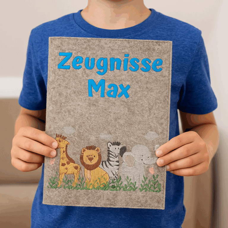 Schuljunge hält stolz eine Zeugnismappe aus Filz mit bunten Tiermotiven und dem Namen Max in den Händen.