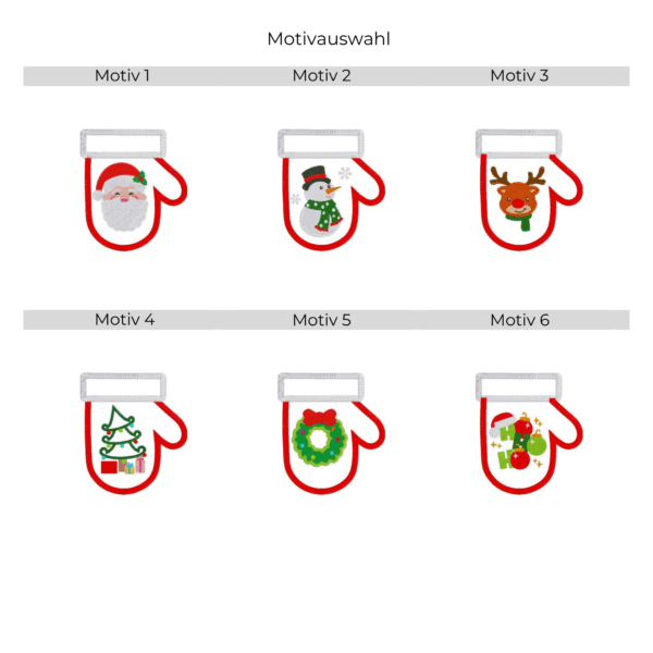 Übersicht mit sechs verschiedenen Stickmotiven zur Auswahl für einen Besteckhalter für Weihnachten aus Filz in Handschuhform.