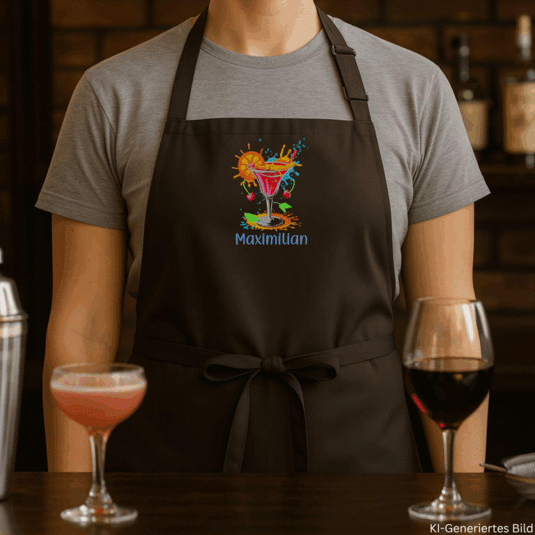 Person mit bestickter schwarzer Schürze und Cocktail-Stickmotiv hinter Bar mit Wein- und Cocktailglas