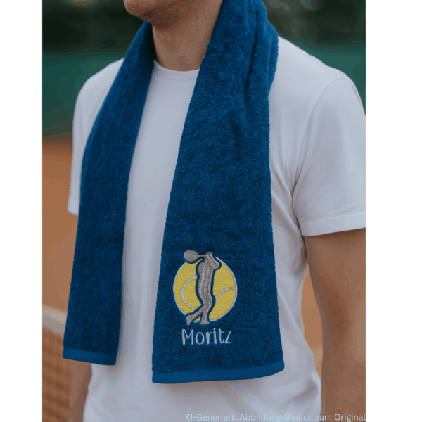 Blaues Tennishandtuch mit gelber Tennisball-Stickerei und dem Namen „Moritz“ um den Hals eines Mannes auf dem Tennisplatz.