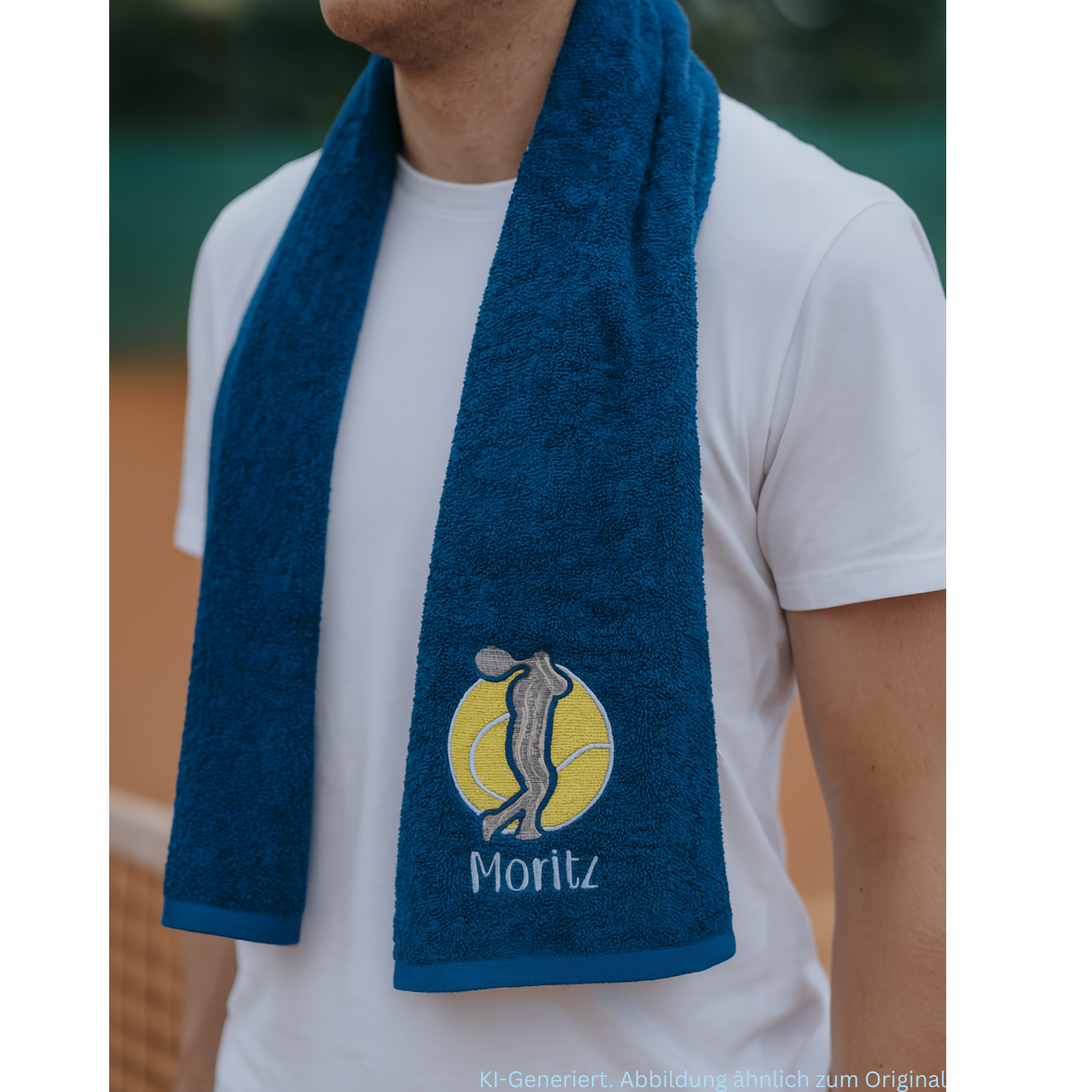 Blaues Tennishandtuch mit gelber Tennisball-Stickerei und dem Namen „Moritz“ um den Hals eines Mannes auf dem Tennisplatz.