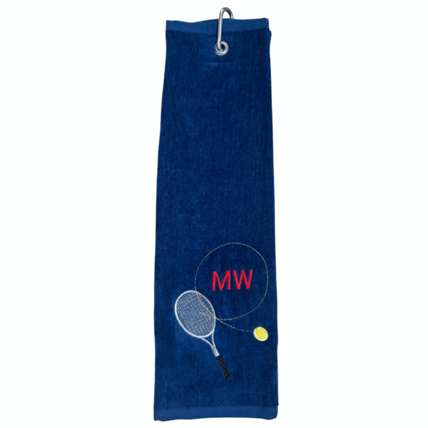 Tennishandtuch mit Motiv und Monogramm: Blaues Handtuch mit Tennisschläger, Ball und Initialen MW