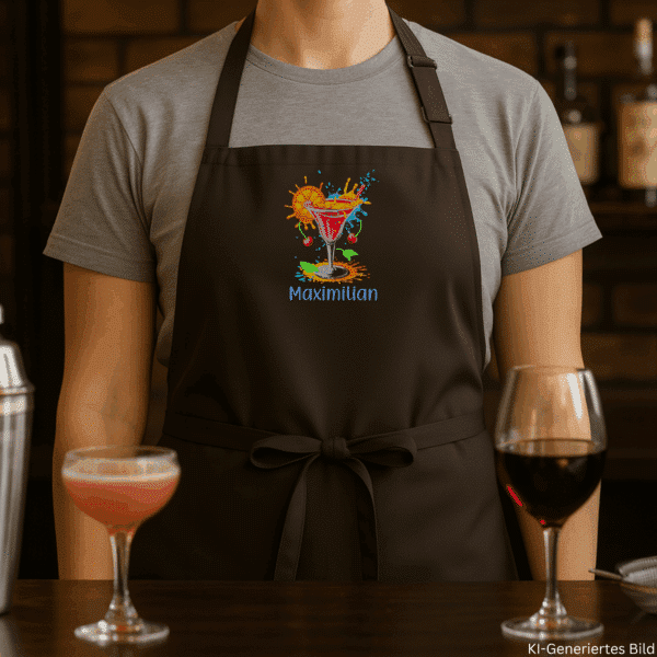Personalisierte Bar-Schürze in schwarz mit Cocktail-Motiv und dem Namen Maximilian