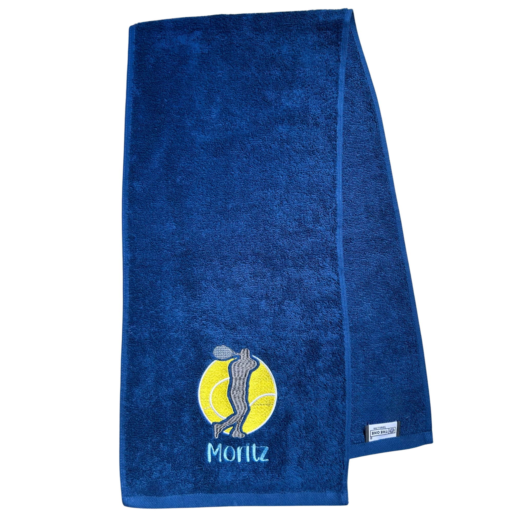 Tennishandtuch mit Motiv & Name: Dunkelblaues Tennishandtuch mit Tennisspieler-Silhouette und gesticktem Namen „Moritz“