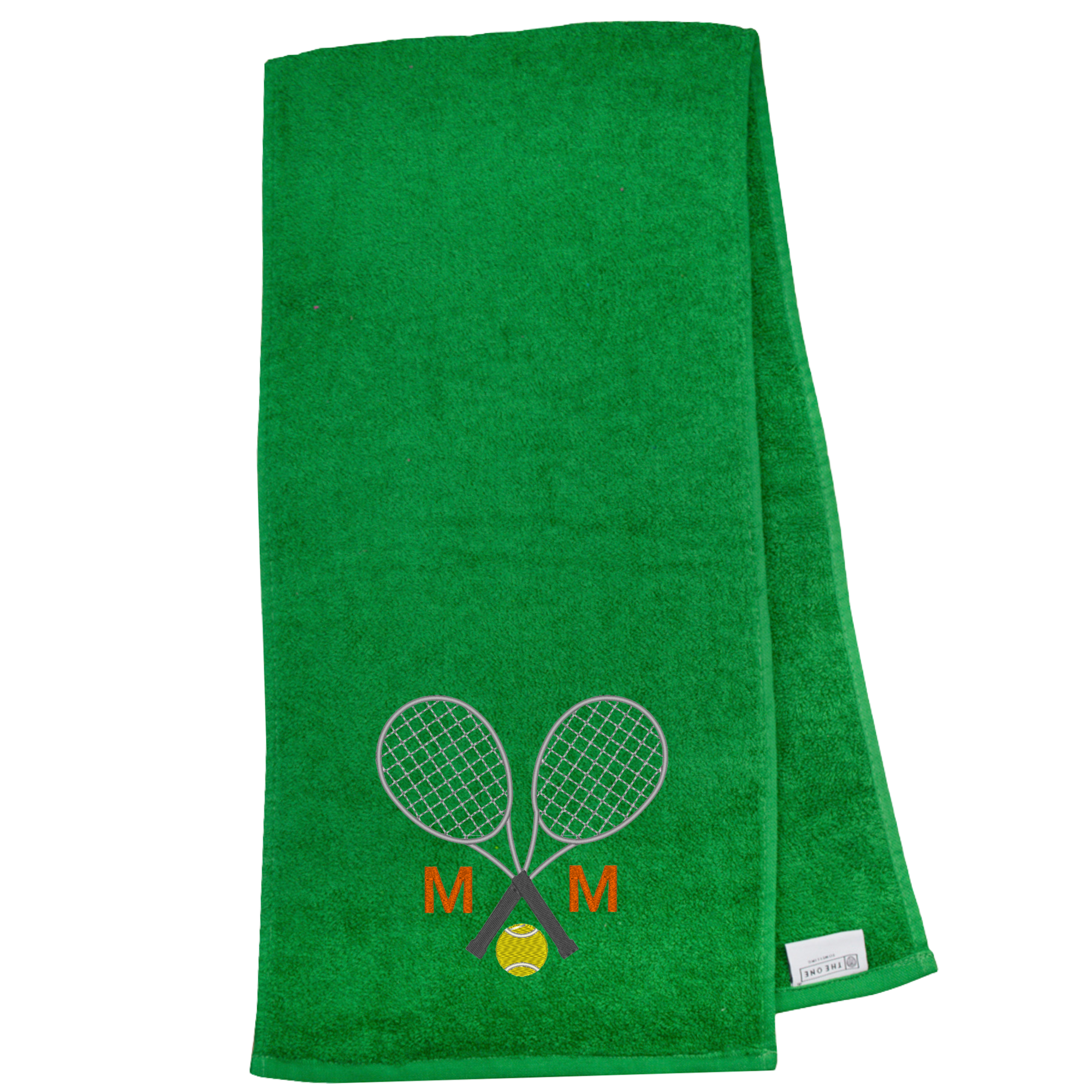 Tennishandtuch mit Motiv & Monogramm: Grünes Tennishandtuch mit zwei gekreuzten Tennisschlägern, Tennisball und den Initialen "M M"