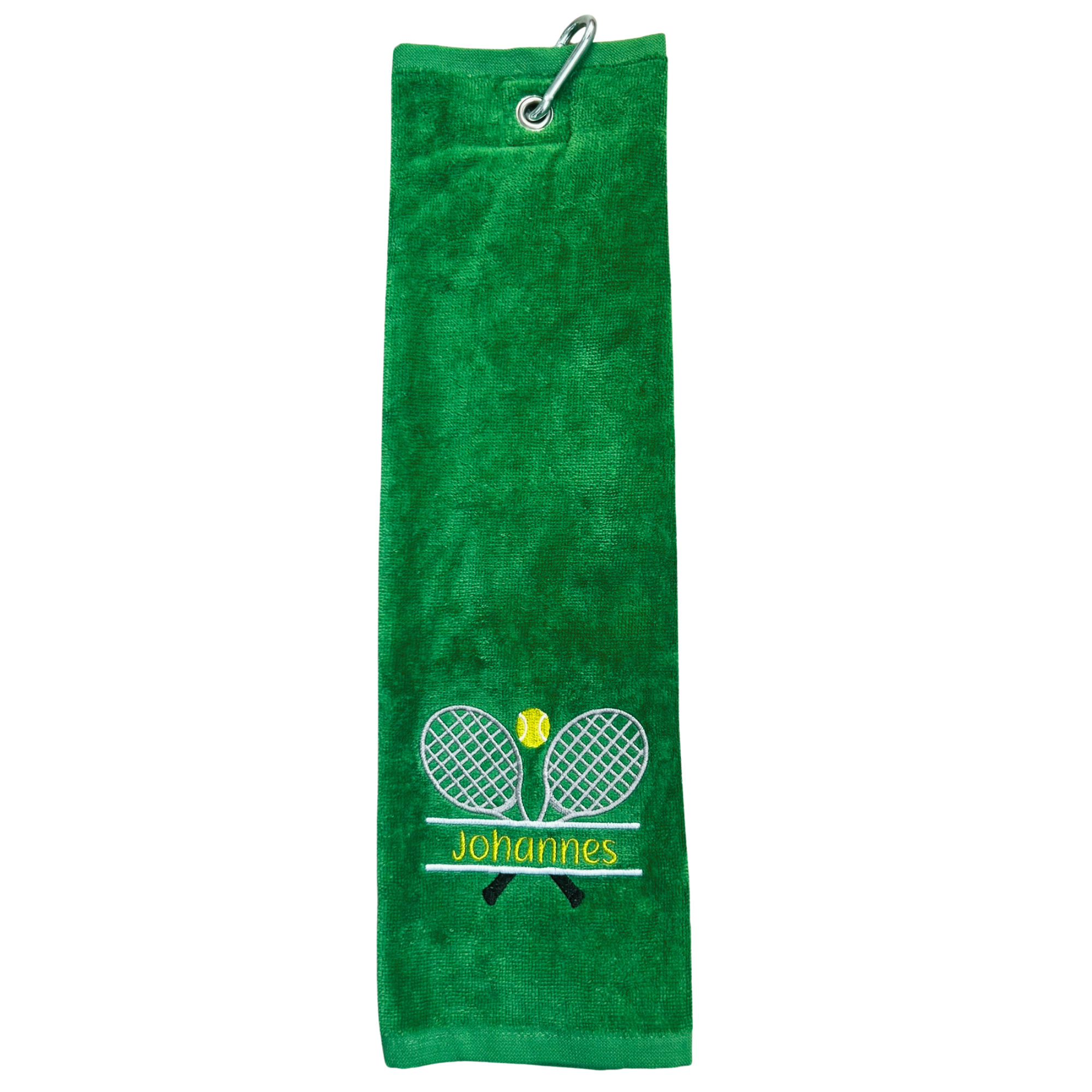 Tennishandtuch mit Split-Motiv: Grünes Tennishandtuch mit Stickerei von zwei Schlägern, Ball und Name Johannes